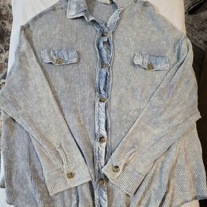 BiBi Light Blue Waffle Textured Oversize Shirt